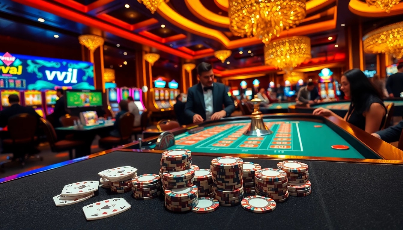 Exciting casino atmosphere featuring vvjl with roulette table and poker chips.