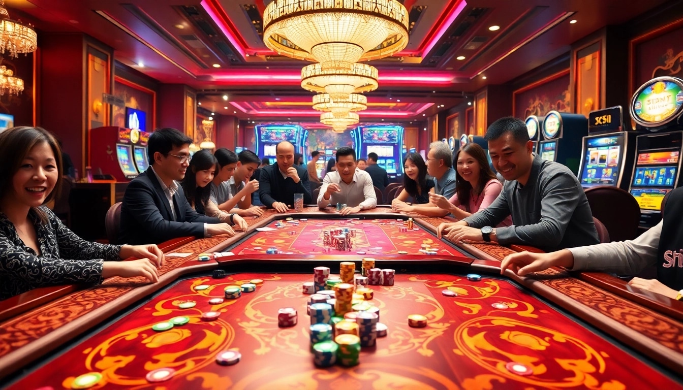 A thrilling game of Tài Xỉu MD5 at a vibrant casino table with lively players, showcasing excitement and strategy.