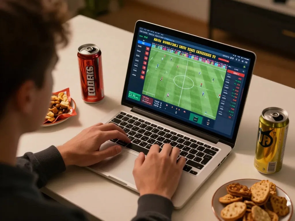 Engaged bettor at TG88 using laptop for live sports betting, intense focus on game odds