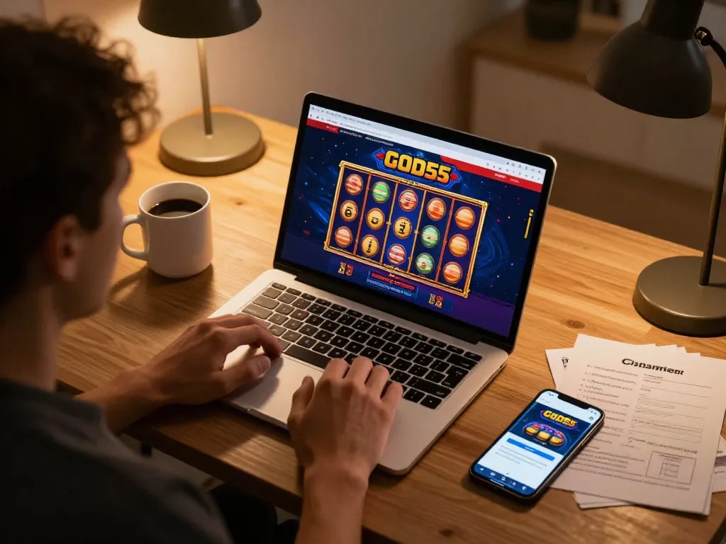 Engaging in exciting online gaming at God55 with smartphone app and laptop in cozy home office.