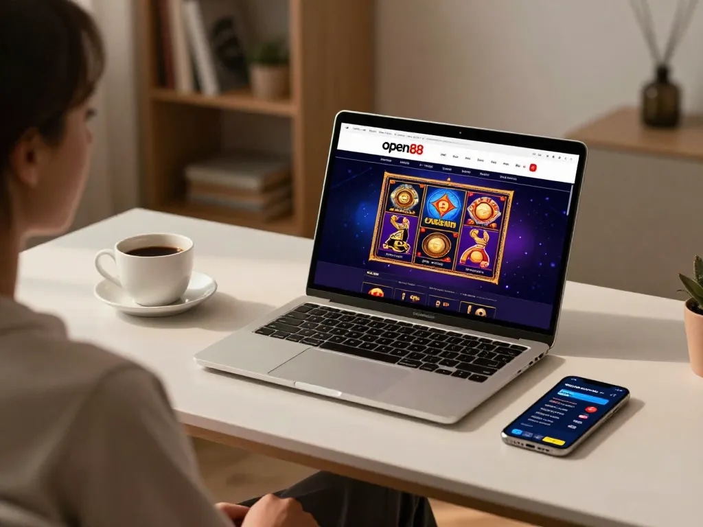 Player engaging with the open88 casino on a laptop, showcasing an immersive online gaming experience.