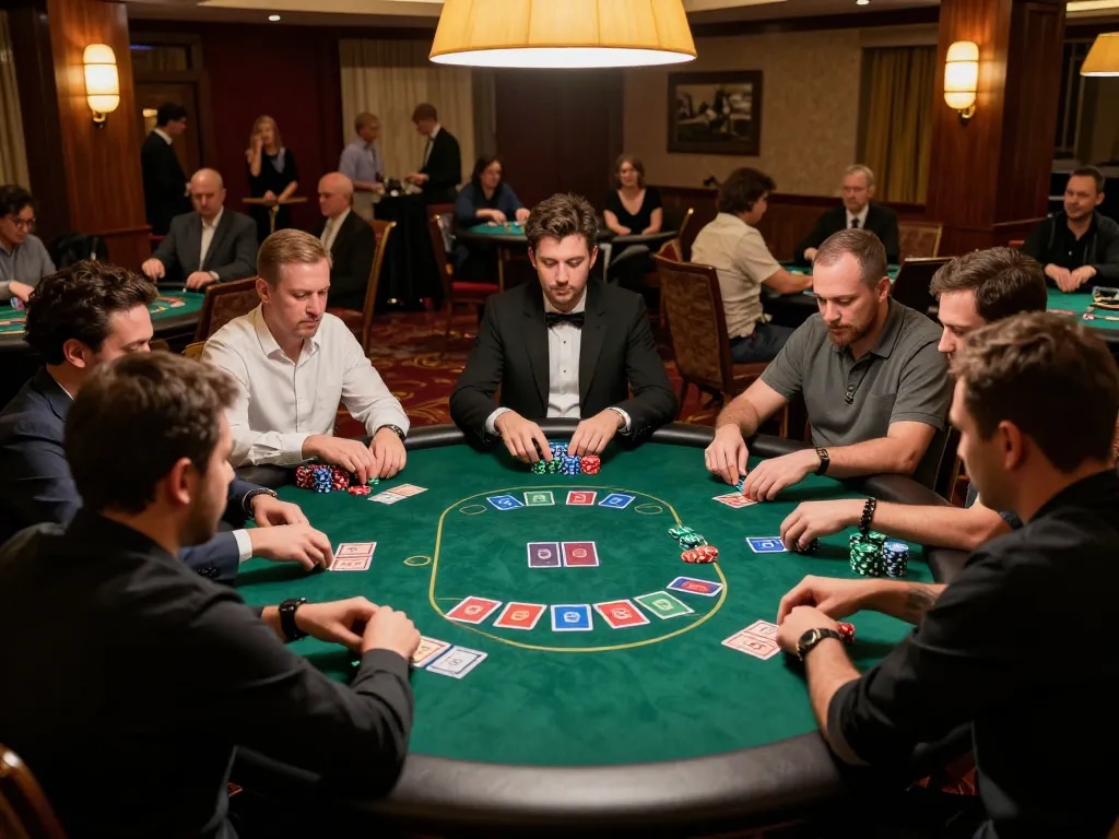 hitclub poker tournament in upscale casino setting with players engaged in gameplay and vibrant atmosphere