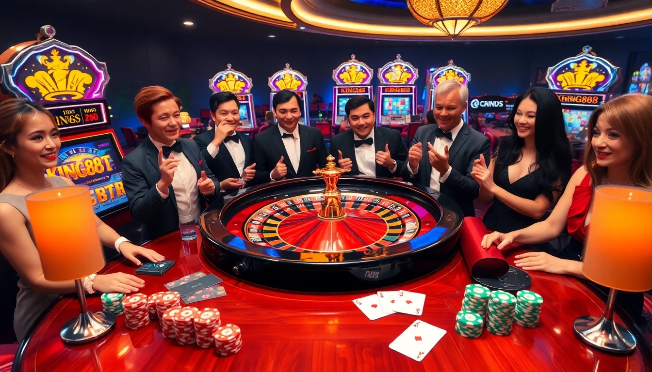 Excited players place bets at the King88 roulette table in a luxurious casino setting.