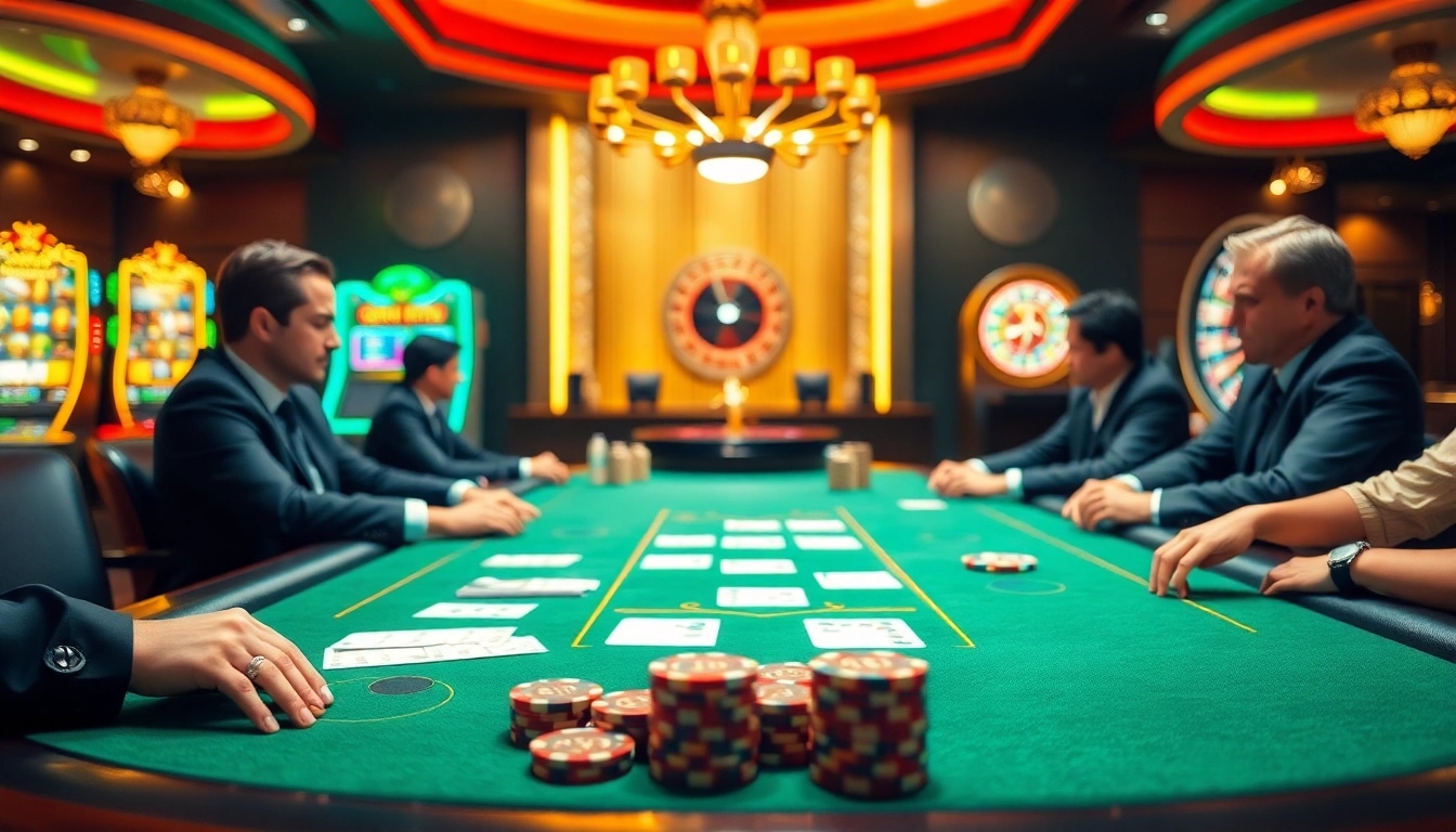 High-stakes poker action at a luxurious casino, inspired by https://cm888.mobi/ with vibrant gambling elements.