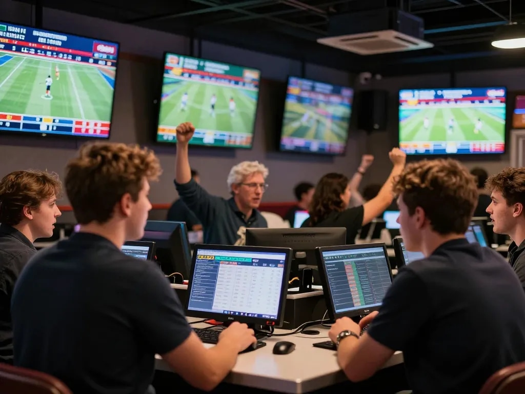 The excitement of thể thao mb66 sports betting captured with bettors engaged and multiple screens showing live odds.