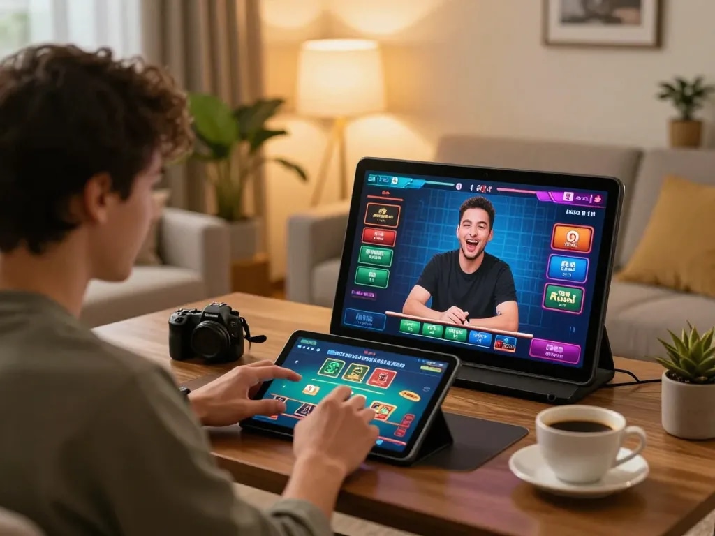 Player enjoying km777 online blackjack on a tablet in a cozy living room.