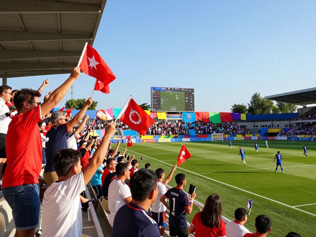 Excited fans at a soccer match cheering while 7m scores are displayed live on the scoreboard.