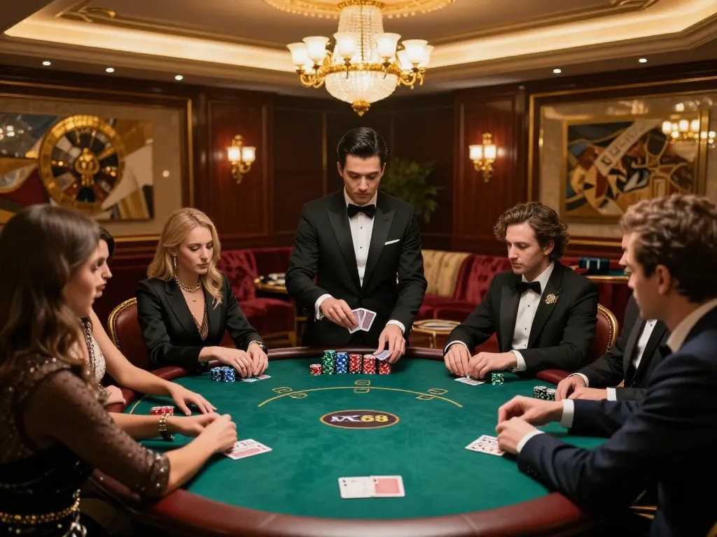 Players engaged in a high-stakes poker game at an exclusive NK88 VIP casino table, illuminated by elegant lighting.