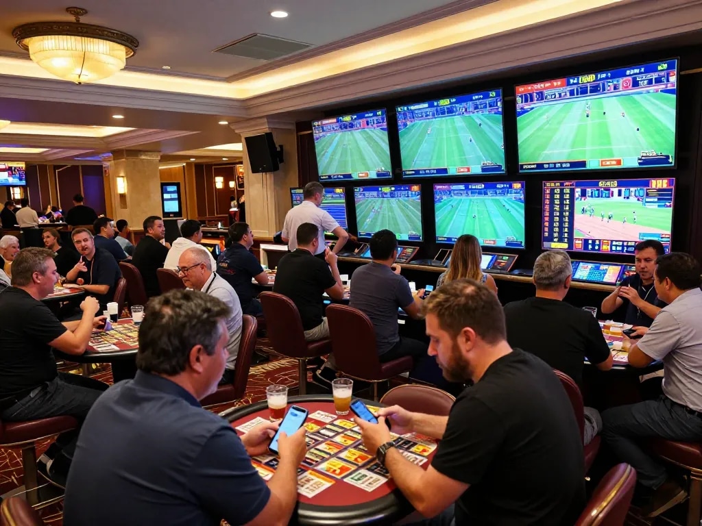 Engaged players placing bets on SC88 Game at a lively casino sports betting area.