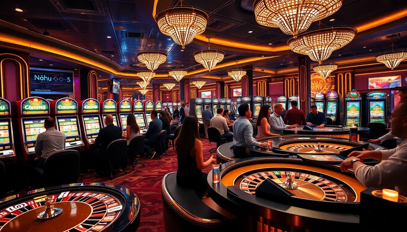 Nohu gaming scene showcasing players at slot machines and casino tables in a luxurious environment.