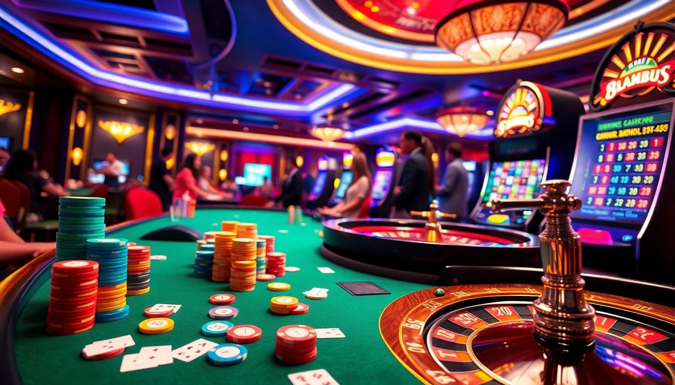Experience elite gambling action at https://tx88.network/ with poker chips, slot machines, and vibrant casino ambiance.