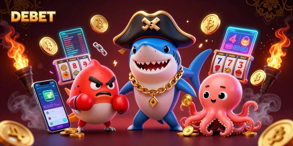 DEBET pirate shark, pufferfish, and octopus illustrate crypto casino excitement with vibrant elements.