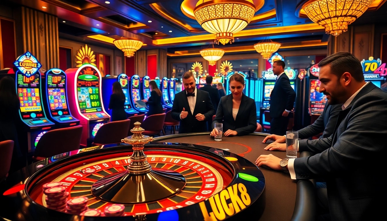 Experience the thrill of LUCK8 with a vibrant casino scene featuring poker chips, roulette, and excitement.