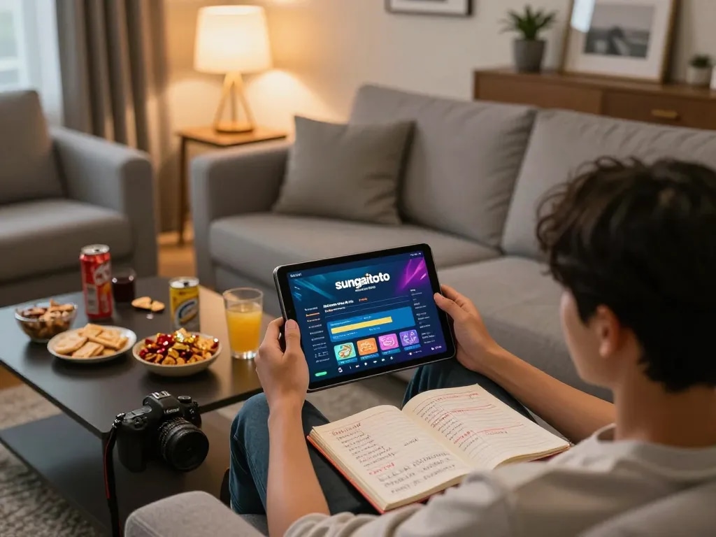 Experience gaming on link sungaitoto platform with a tablet in a cozy home atmosphere.