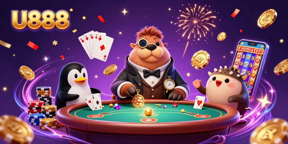 U888's lively underwater poker scene showcases a walrus, penguin dealer, and bluffing pufferfish.