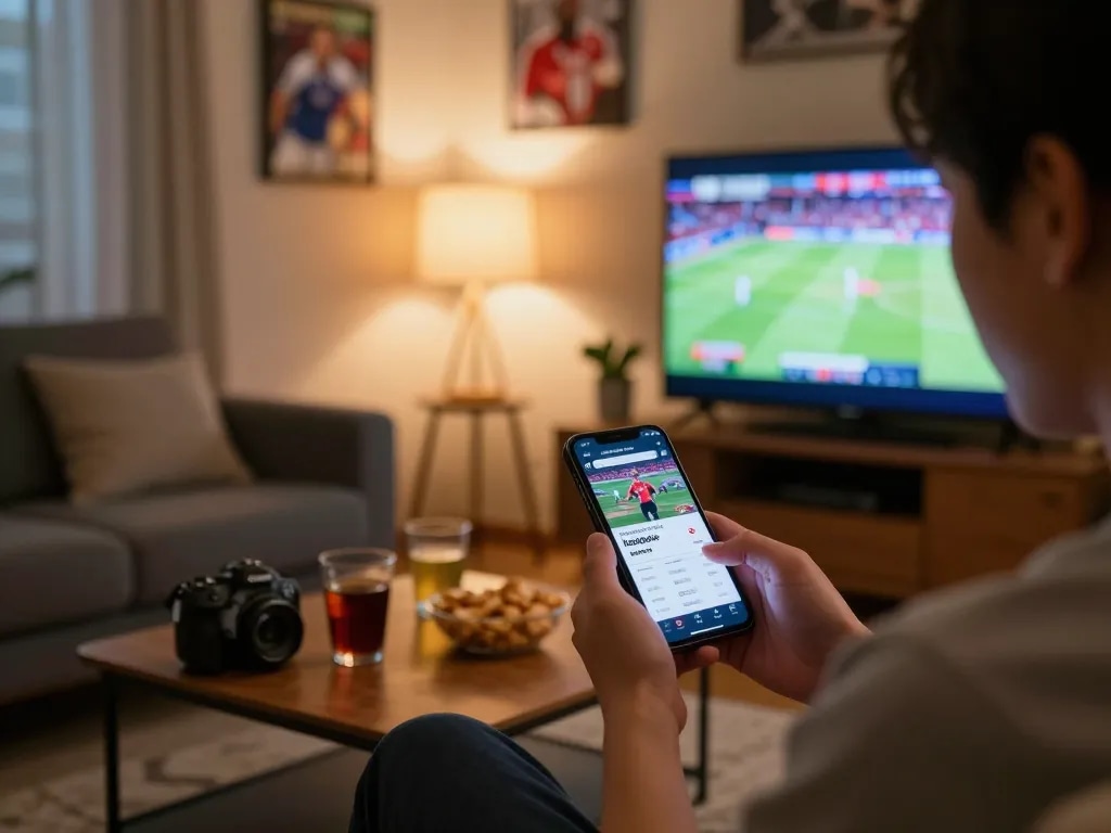 Engaging with the keobongda app for sports betting in a cozy living room.