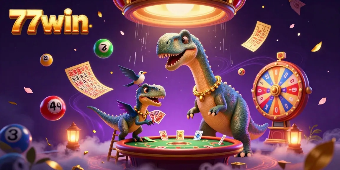 Experience the vibrant world of 77win casino with dynamic lottery balls, a towering brontosaurus, and thrilling gaming elements.