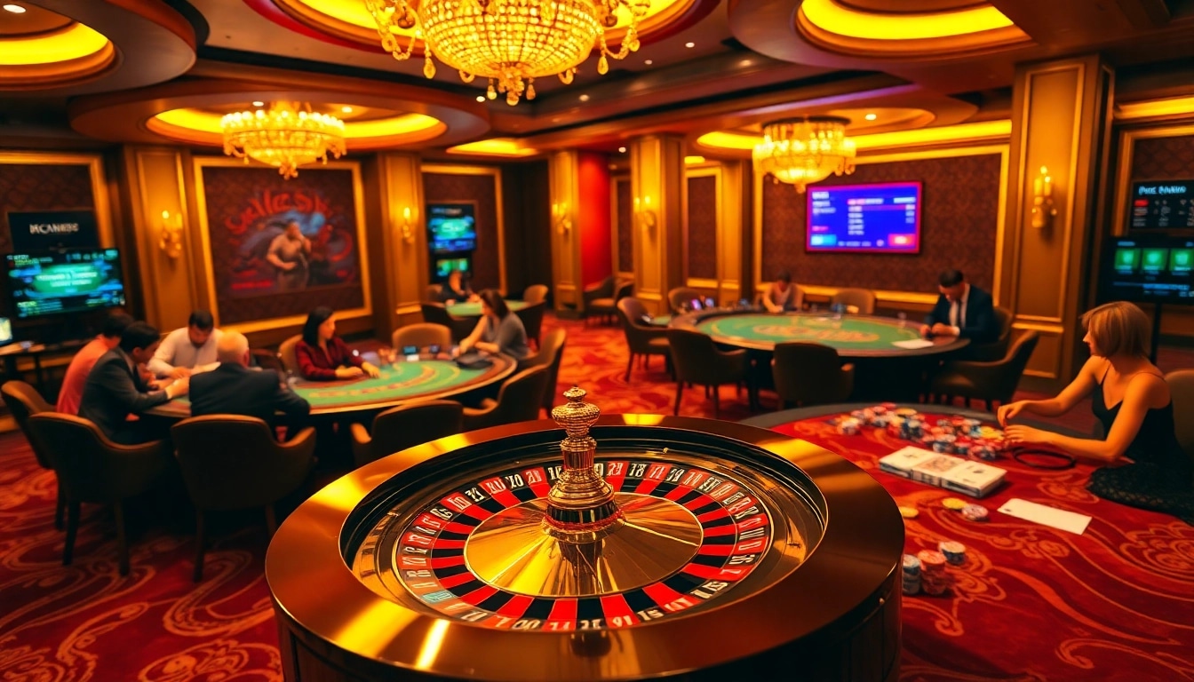 Players enjoying a high-stakes game in a luxury casino at https://mm88.directory/, showcasing excitement and professionalism.