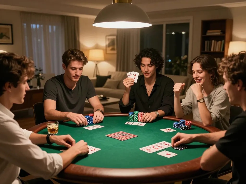 Sunwin players engaged in friendly poker game, showcasing strategy, camaraderie, and excitement.