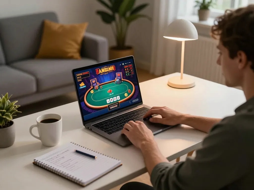 Engaging in go88 online poker game at home with strategic notes visible