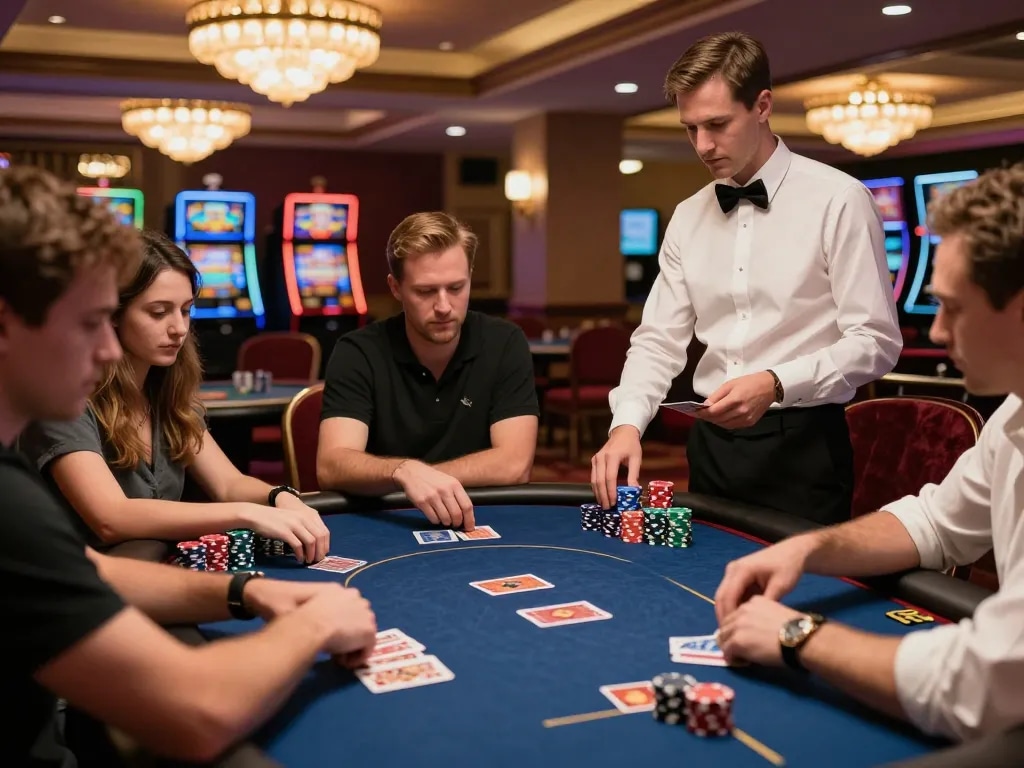 Players enjoying an engaging poker game at king88 casino, vibrant atmosphere with colorful chips and warm lighting