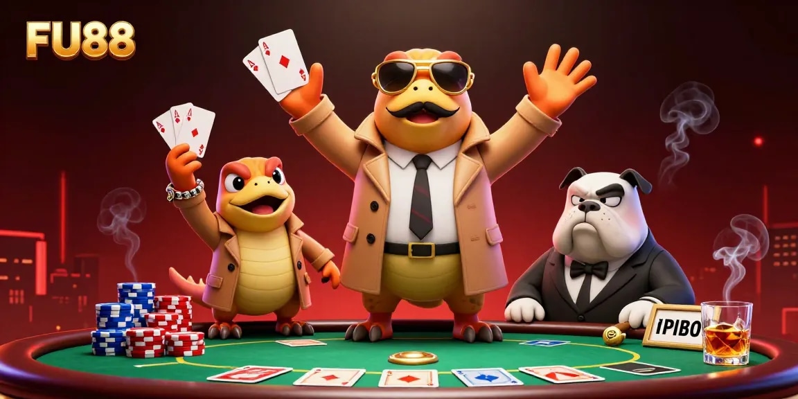 Experience thrilling gameplay at FU88 with raptors in a trench coat at a poker table in a casino.