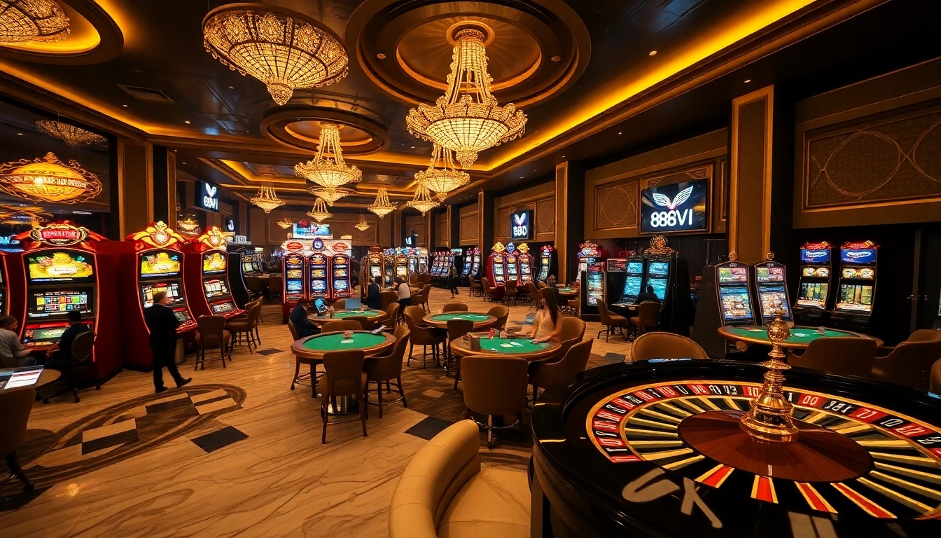 Exciting gaming action at 888VI casino featuring poker tables, slot machines, and immersive atmosphere.