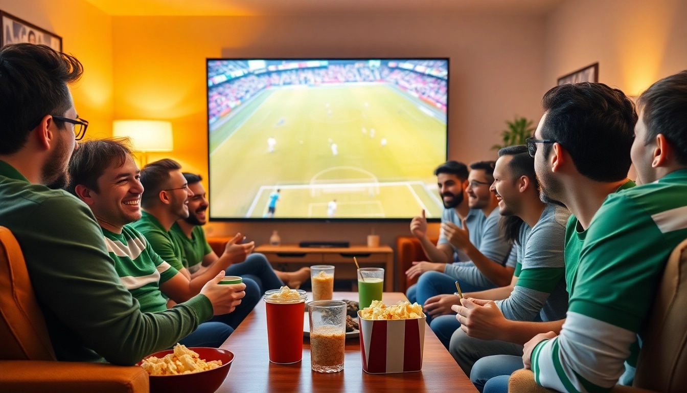 Excited fans enjoying a live soccer match at home, showcasing joemadfan.com community spirit.
