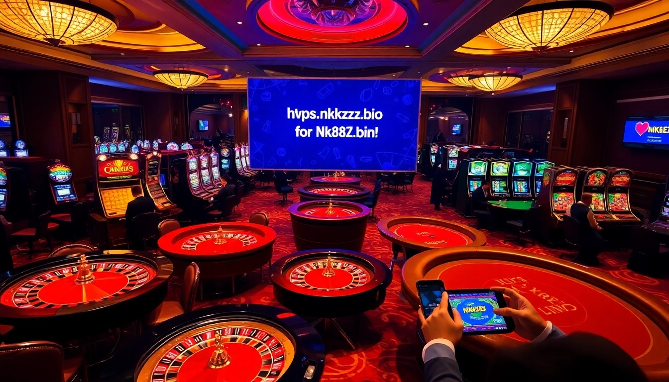 Players enjoy the experience at https://nk88zz.bio/ casino with vibrant slot machines and elegant card tables.