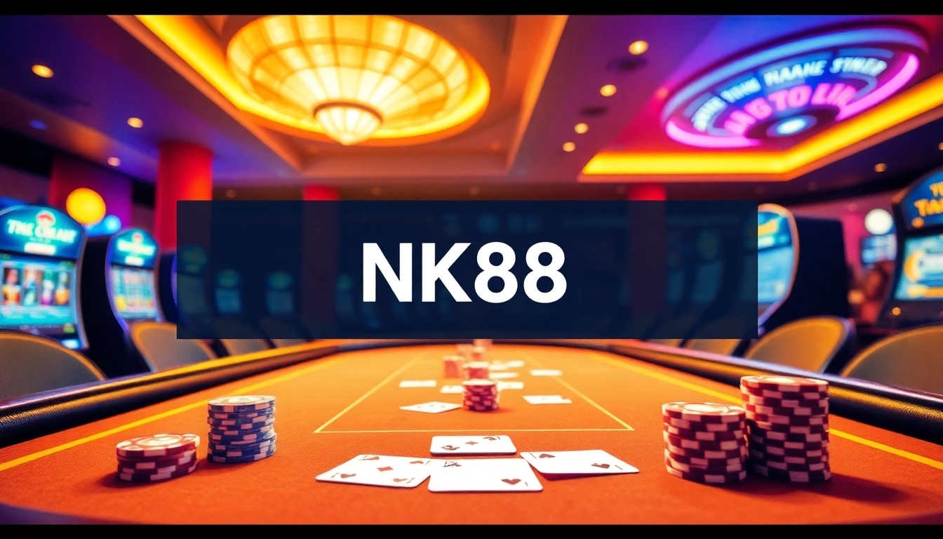NK88 casino table showcasing poker chips and cards in an engaging online gambling atmosphere.