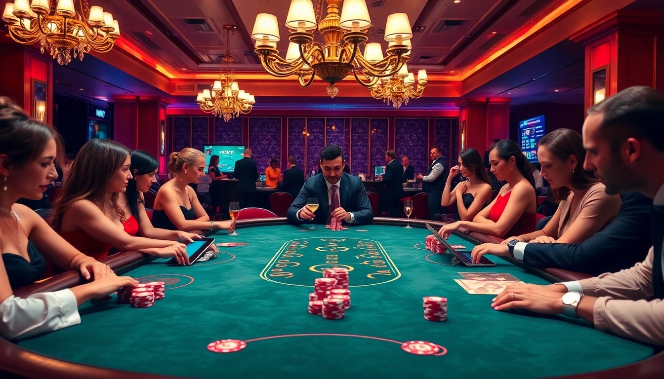Players engaging in high-stakes poker at a luxurious table, featuring https://k789p.top/ for online gambling insights.