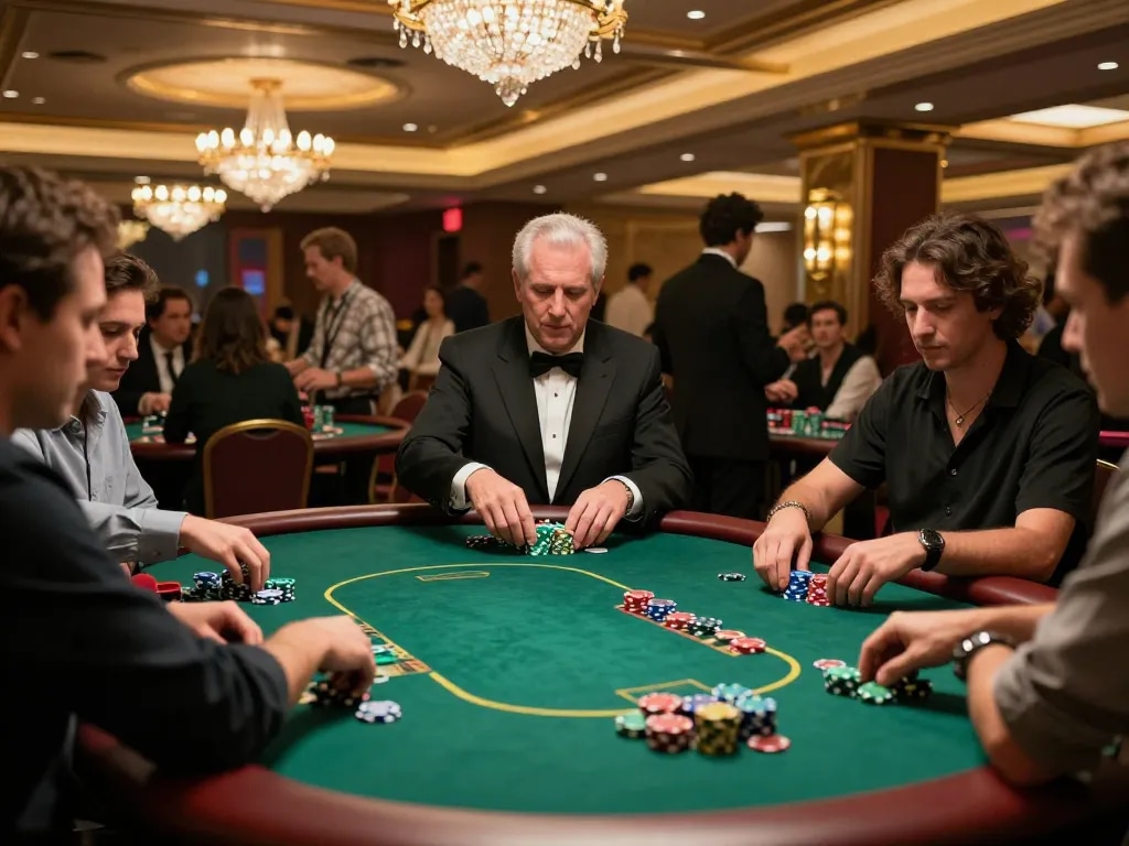 Players at a reputable casino engaged in a serious game, showcasing nhà cái uy tín with strategic bets and excitement.