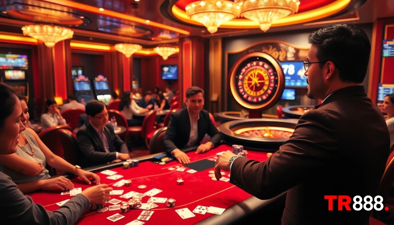 Exciting casino experience at https://mtr888.com/ with poker players and roulette wheel.