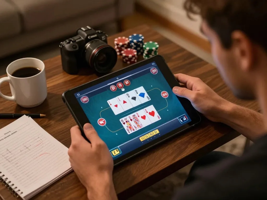 Player mastering poker strategies online using BL555 on a tablet in a cozy setting.