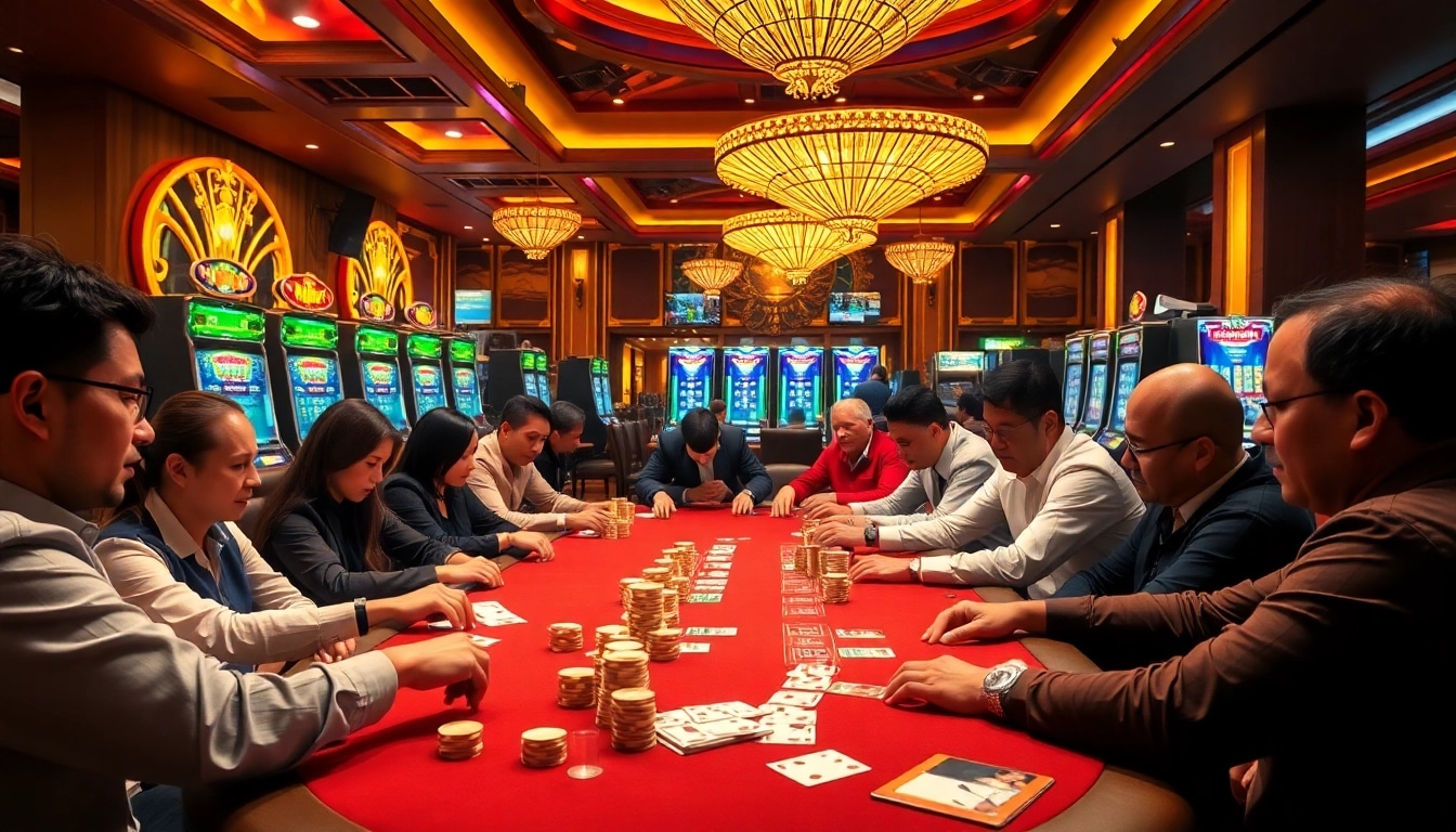 The lively atmosphere of nhà cái 789p showcases excited players at a luxurious casino poker table.