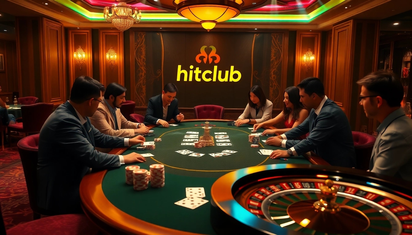 Hitclub players engaged in an intense poker game surrounded by luxury at a vibrant casino table.