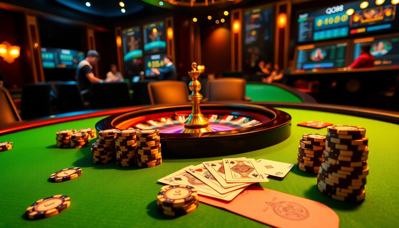 Gamblers enjoying a thrilling poker game at QQ88 with colorful chips and cards.