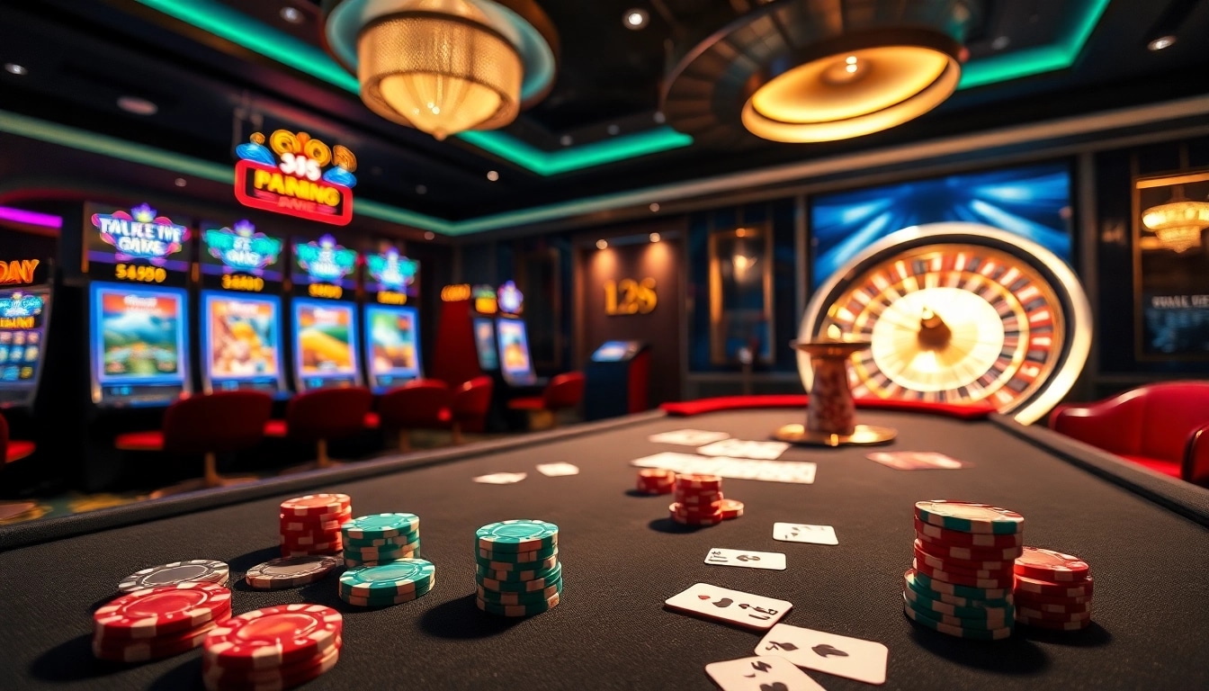 Experience thrilling action at Ee88's premium casino games with vibrant tables and spinning roulette.
