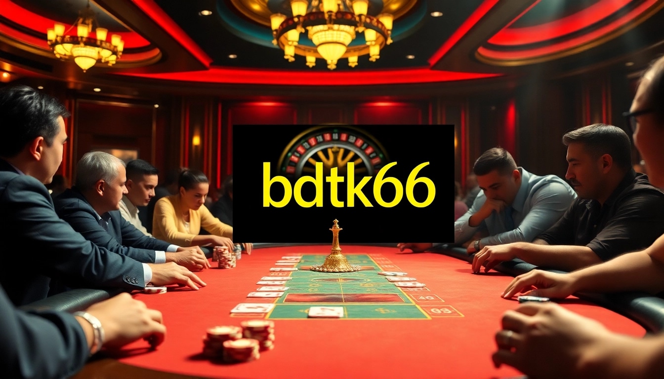 Players enjoying a thrilling poker game at a vibrant casino setting, inspired by the bdtk66 blog.