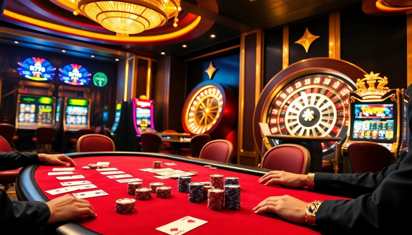 Players engaging in an exciting game at RR99 casino, showcasing poker chips and cards.