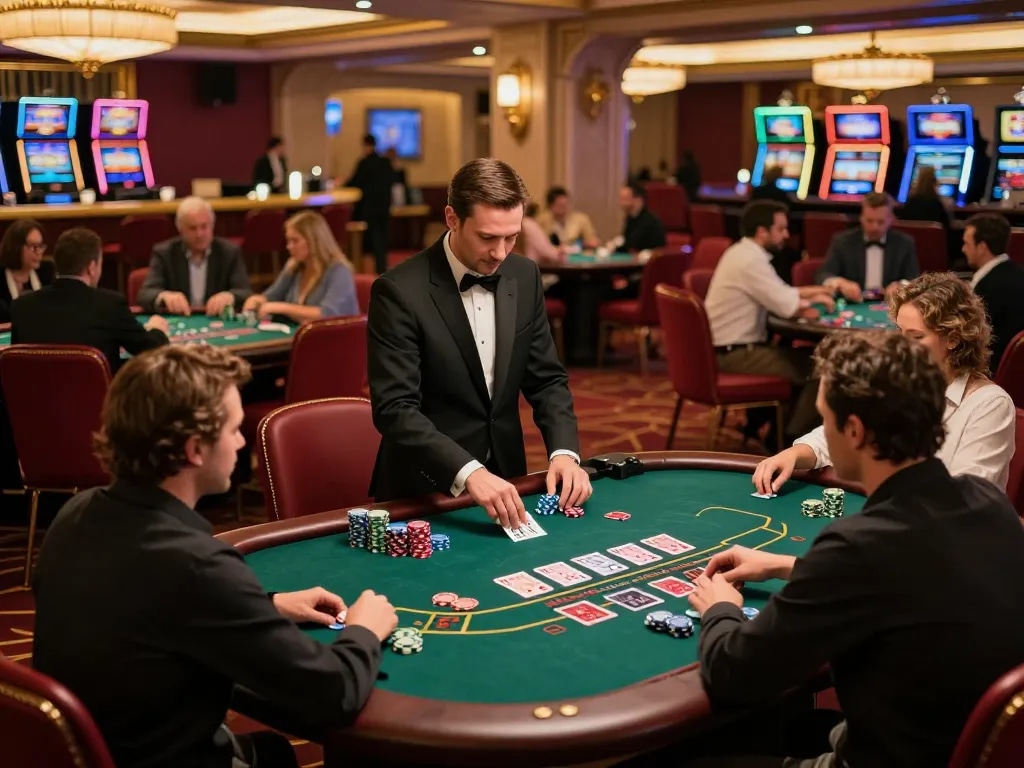 Experience the thrill of blackjack at https://du88.autos/ with players actively placing bets and cards being dealt.