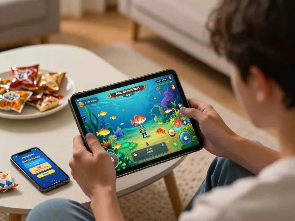 Engaging gameplay of game bắn cá đổi thưởng on a tablet in a cozy living room, showcasing vibrant underwater graphics and a relaxed player.