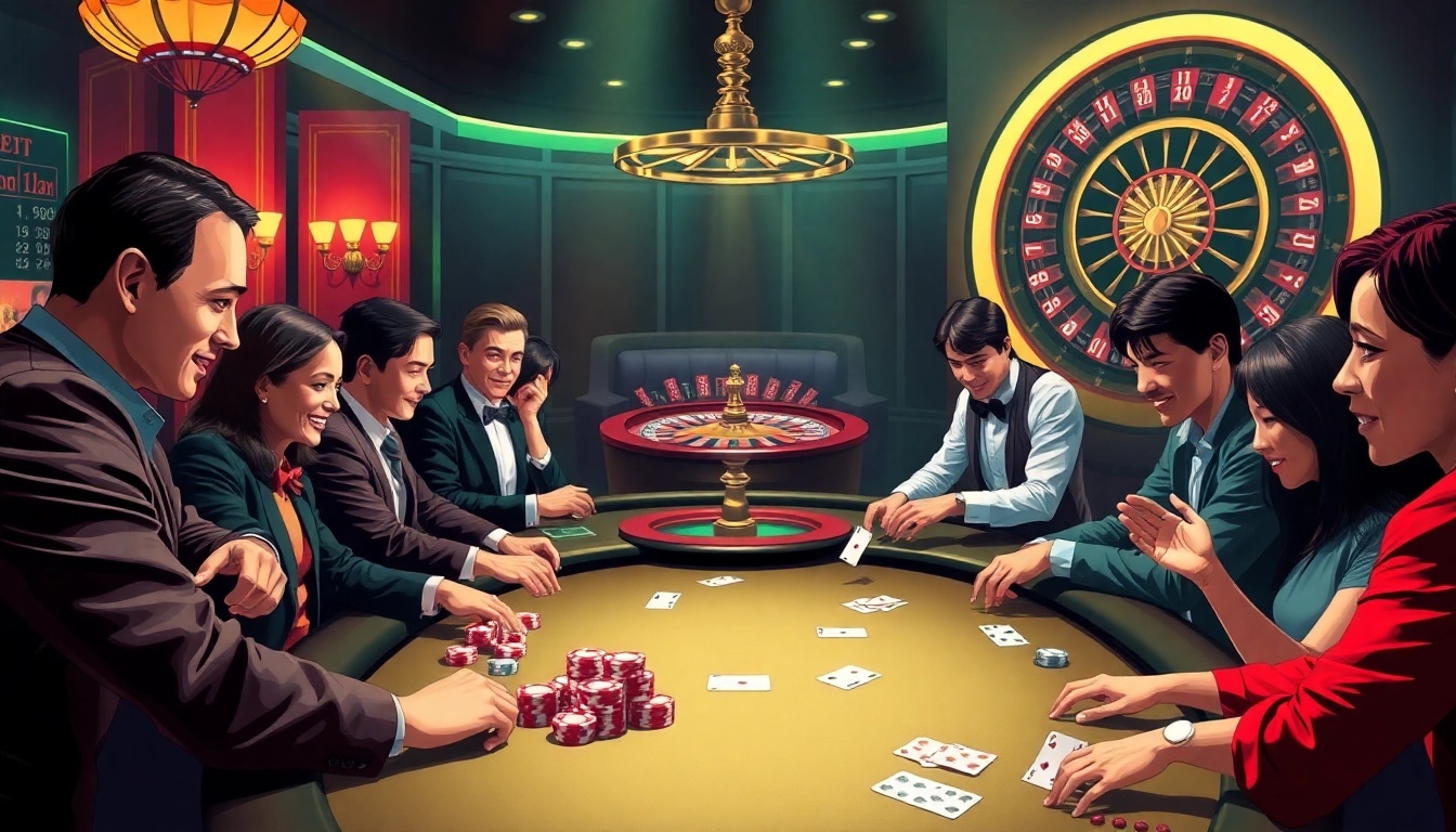 Players at a poker table enjoying the thrilling experience at https://jun88pl.com/ with vibrant chips and cards.