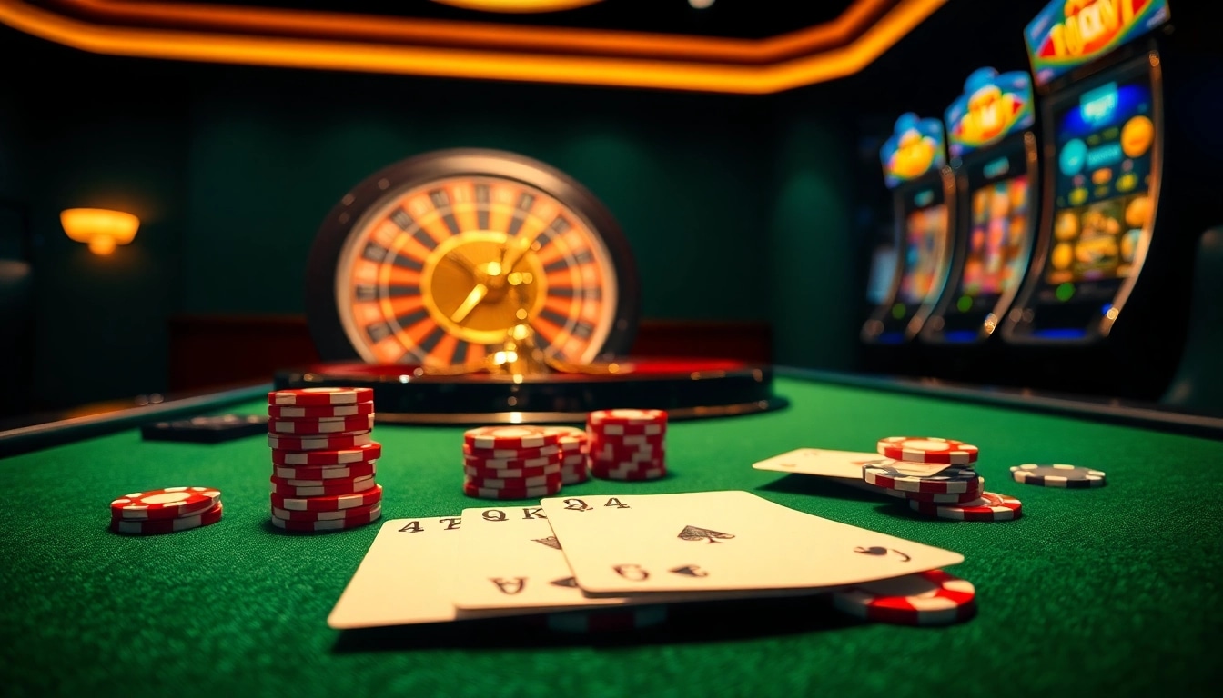 Thrilling poker action at MMOO casino with vibrant chips, cards, and roulette wheel.