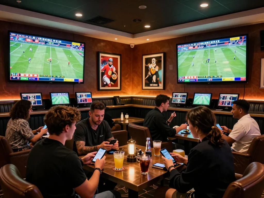 Gamblers placing bets in a vibrant lounge setting, showcasing keo nha cai action during live sports events.
