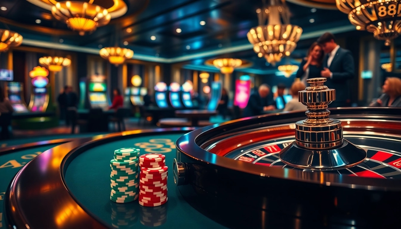 Exciting 888P casino scene with roulette, poker chips, and players immersed in games.
