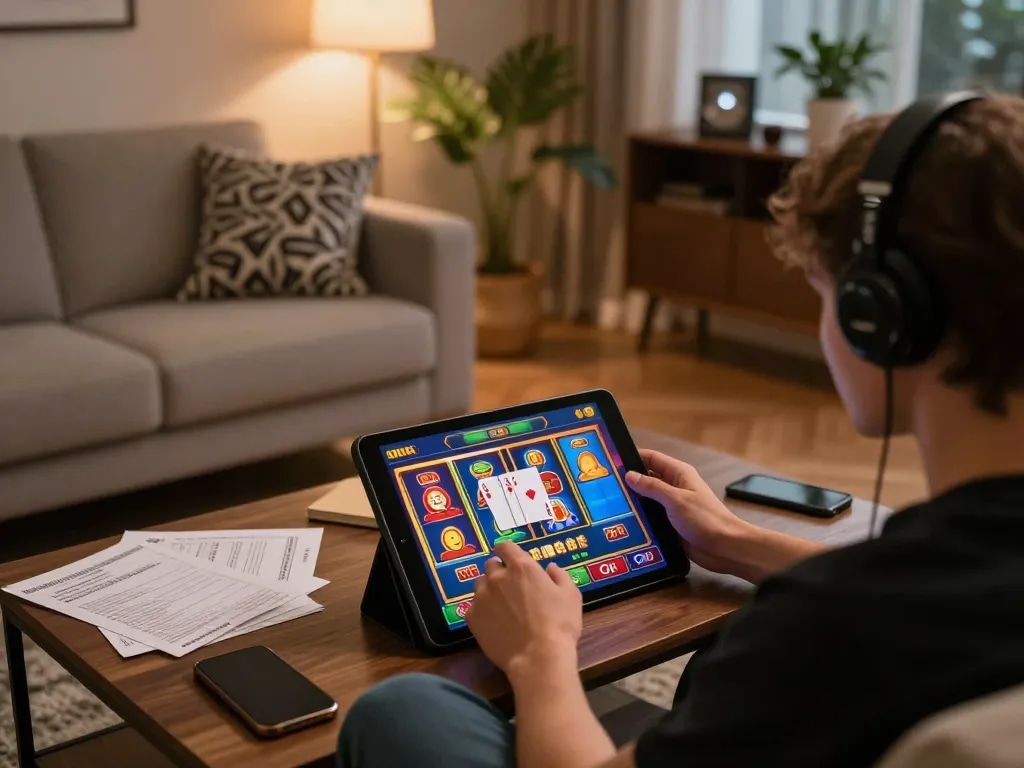 Engaging with alo8 casino games on a tablet in a cozy home setting, showcasing a personalized gaming experience.