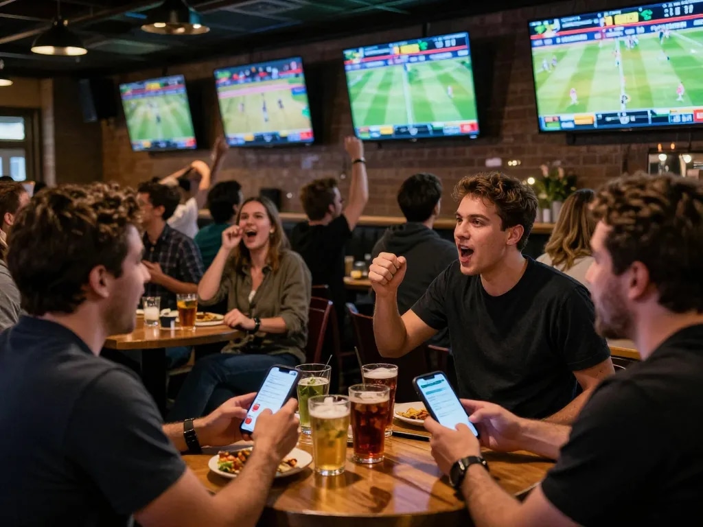 Placing a bet at 13win co during an exciting sports event at a lively sports bar