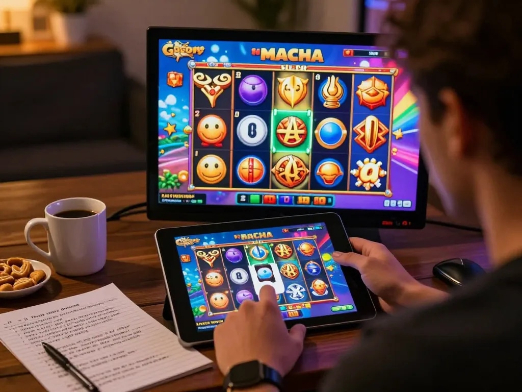 Engaging player enjoying thrilling slot gacor games on a tablet in a cozy home setting.