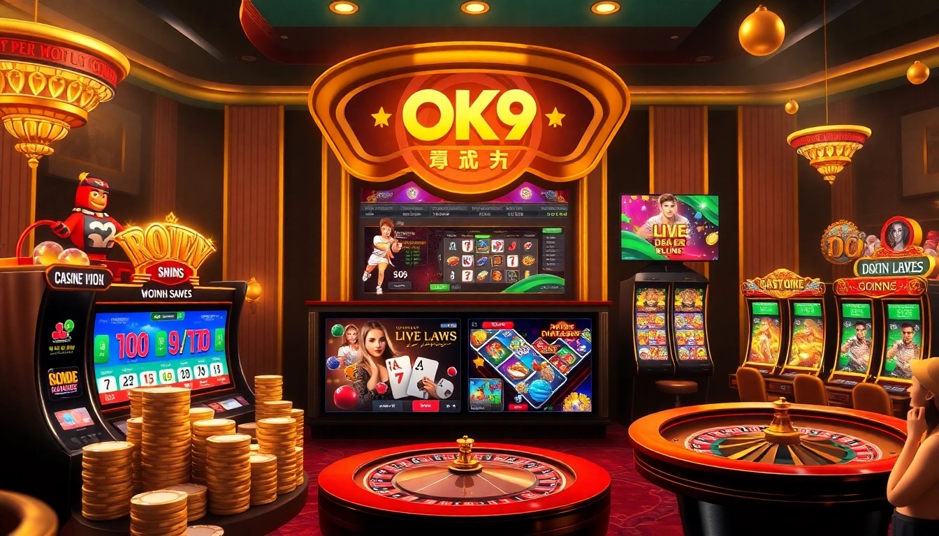 Visual representation of trang chủ OK9 showcasing exciting sports betting odds, vibrant slot machines, and a lively casino atmosphere.